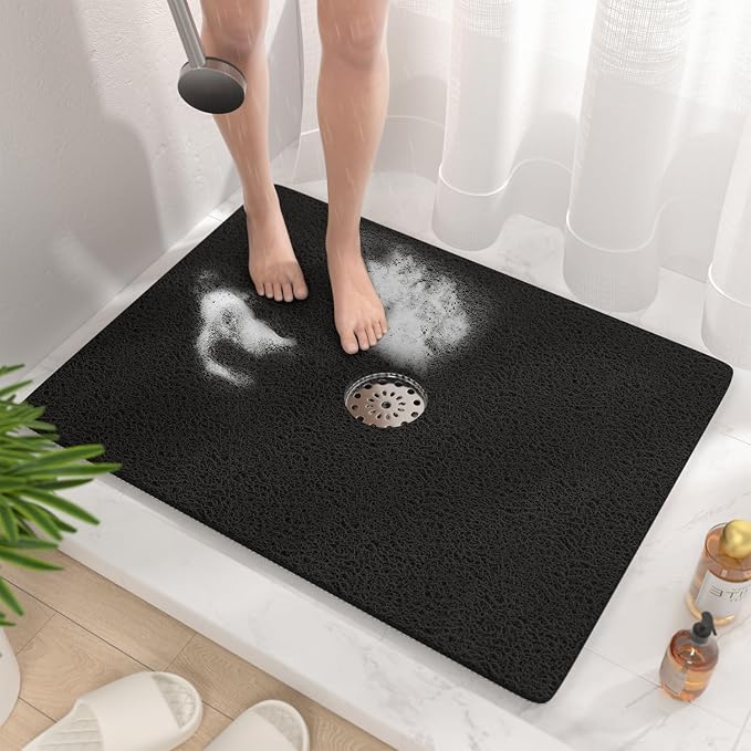HITSLAM Shower Mat, 32 x 24 Inch Non Slip Bath Mat for Tub, Soft PVC Loofah Bathtub Mats with Drain Holes, Quick Drying Bathroom Stall Floor Mat, Bathroom Accessories Without Suction Cup, Black