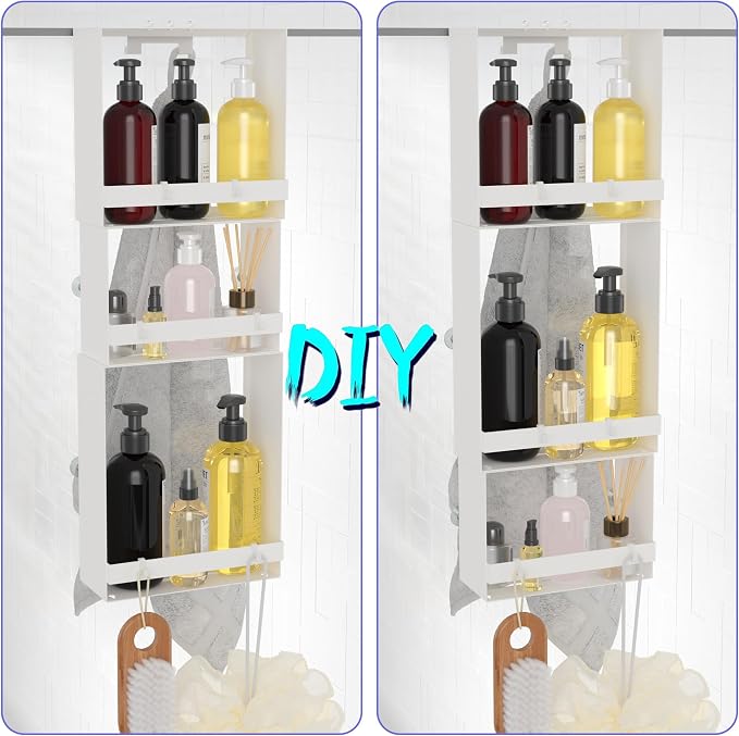 Over the Door Shower Caddy Hanging, 3 Tier Stainless Steel Hanging Shower Caddy with 8 Hooks & 4 Suction Cup, Bathroom Organizers and Storage Rack, Bathroom Decor Shelves Holds Shampoo, Towel - White