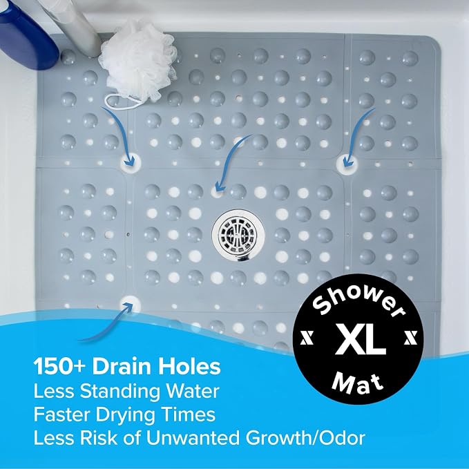 SlipX Solutions Case Pack - 27" Oversize Square Shower Mat, Non-Slip Mat for Elderly & Kids, 100+ Power Grip Suction Cups for Smooth Surfaces, Machine Washable, Solid Gray, Box of 4