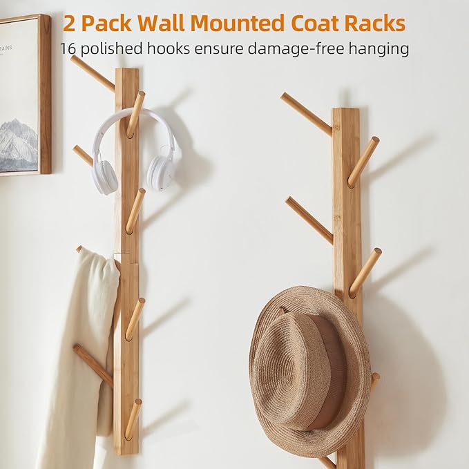 TIOPGHAD 2 Pack Coat Rack Vertical Wall Mount, Bamboo Coats Hooks Clothes Holder Hanger for Wall Coat Hat Jacket Clothing Bathroom Robes Mudroom Entryway(Natural)