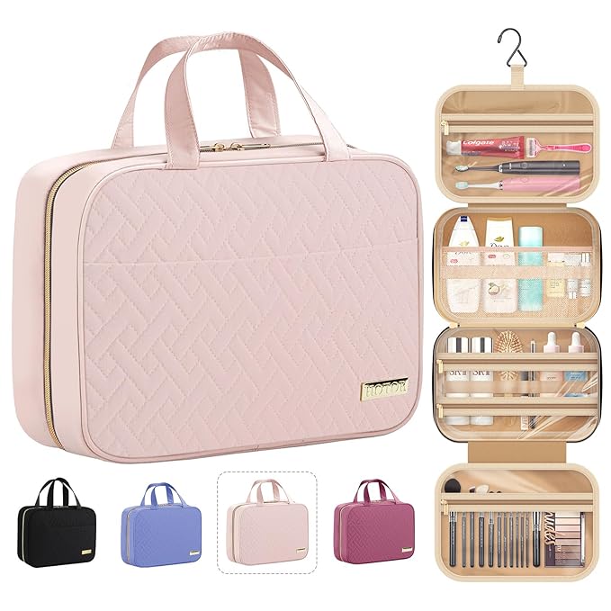 HOTOR Travel Toiletry Bag - Hanging Toiletry Bag for Women & Men, Makeup Bag/Big Comparment, Waterproof for Travel Accessories, Travel Essentials, Medium, Pale Pink