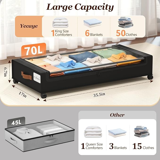 Yecaye 70 L Under Bed Storage with Wheels, 3 Pack Larger Capacity Under Bed Storage Containers, Underbed Shoe Storage Organizer, Rolling Under Bed Metal Drawers for Clothes, Blankets, Black