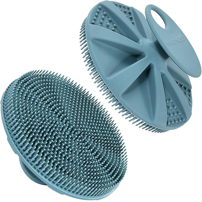 INNERNEED Food-Grade Soft Silicone Body Scrubber Shower Brush Handheld Cleansing Skin Brush, Gentle Exfoliating and Lather Well (Dark Green)
