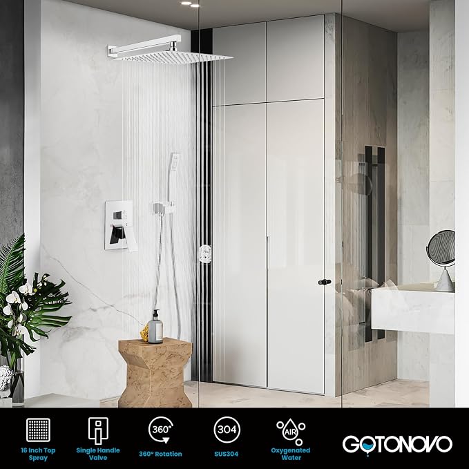 gotonovo Rainfall Bathroom Shower System Rain Shower Head and Handle Set Wall Mounted Shower Complete Combo Solid Brass Pressure Balancing Shower Mixer Valve 16 Inch Polished Chrome
