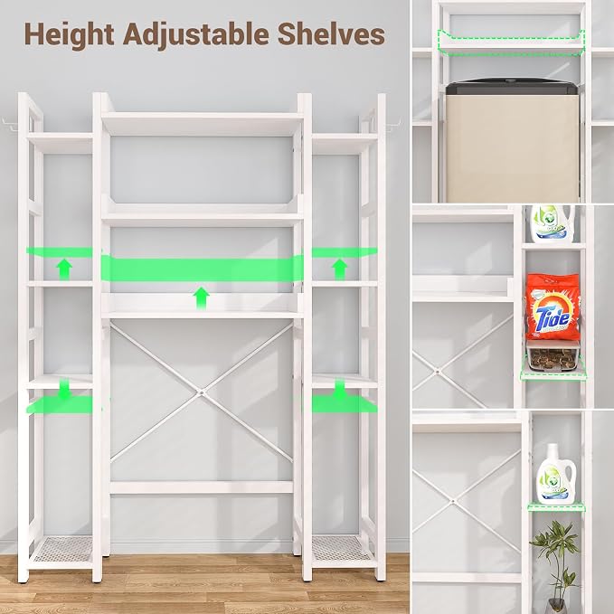 Besiost Over The Toilet Storage, 11 Tier Bathroom Organizer with Dual Side Racks and 2 Fabric Drawers, Adjustable Freestanding Rack Space Saver for Small Spaces, White