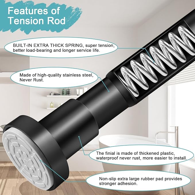 YNL Black Shower Curtain Rod 32-94 Inch(2.7-7.8ft), Non-Slip, Never Rust, Stainless Steel No Drill Spring Tension Shower Rod, Adjustable Long Curtain Rod for Bathroom Window Patio