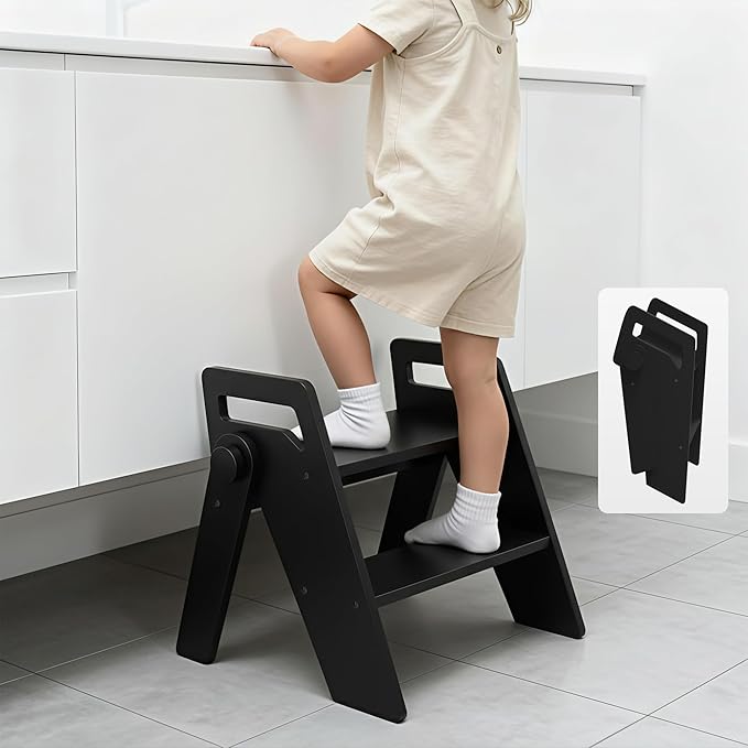Wooden 2 Step Stool for Toddler Kids Bathroom Foldable 2-Step for Toilet Potty Training, Child Stepping Stool for Kitchen Nursery Bedroom