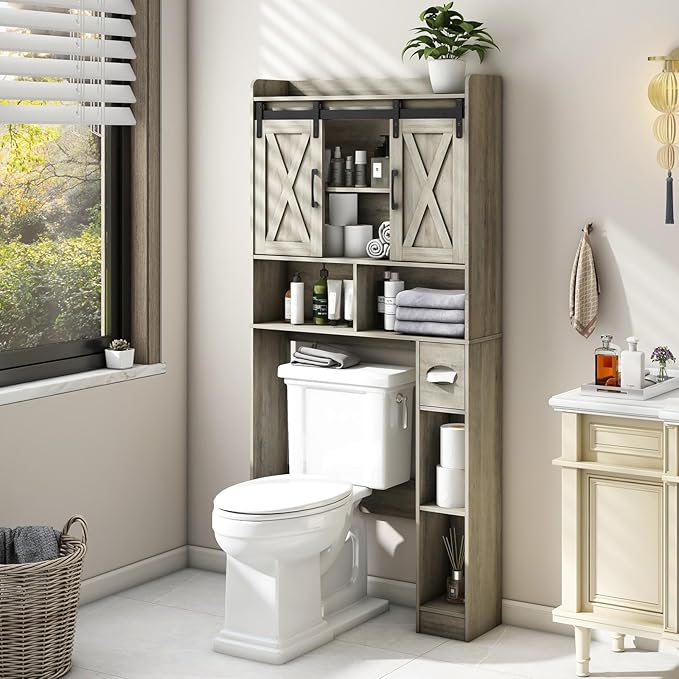 Vabches Over The Toilet Storage Cabinet, Farmhouse Storage Cabinet Over Toilet with Sliding Door& Toilet Paper Holder Stand，Home Space-Saving Toilet Rack, for Bathroom, Restroom, Laundry