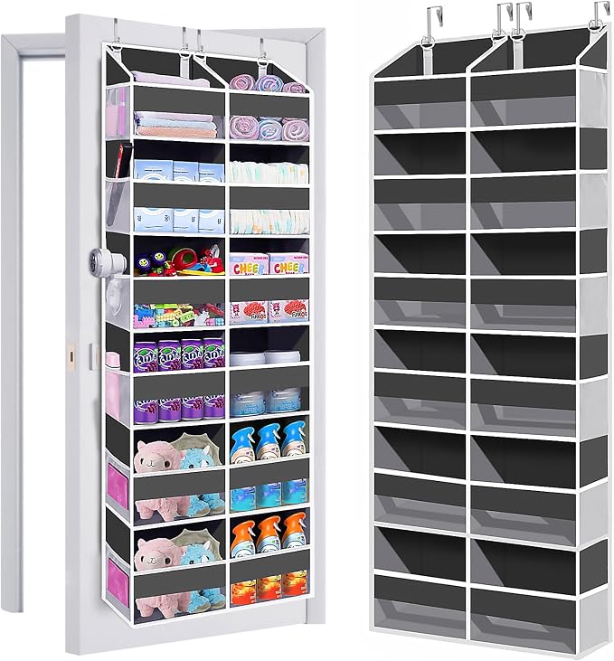 UVIAHOMI Heavy Duty Over The Door Organizer 6 Tiers, Extra Large Behind Door Storage of 12 Big Front & 12 Mesh Pockets, 80lb Weight Capacity, Hanging Doors Storage for Closet Bedroom Nursery, Gray
