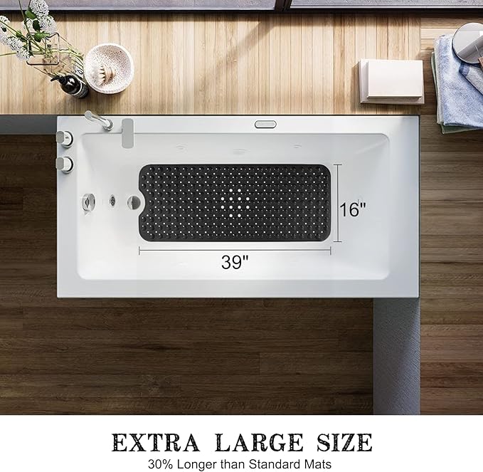 Bathtub and Shower Mats, Extra Long Non-Slip Bath Mat 39 x 16 Inch, Machine Washable Bath Tub Mat with Suction Cups & Drain Holes for Bathroom, Black