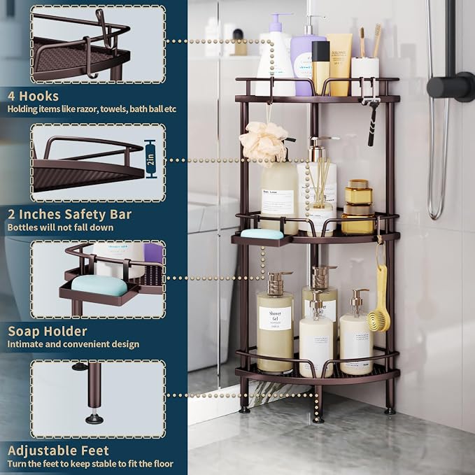 Consumest Corner Shower Caddy Stand - 3 Tier Shower Organizer with Soap Holder, Tall Floor Corner Shelves Standing with Adjustable Feet & 4 Hooks, Storage Rack for Bathroom, Bronze