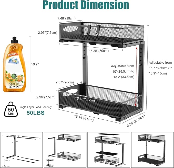 Housolution 2 Pack Under Sink Organizer, 2 Tier Metal Pull Out Under Sink Storage with Sliding Mesh Drawers, Height Adjustable Slide Out Under Sink Organizer for Kitchen Bathroom Cabinet, Black