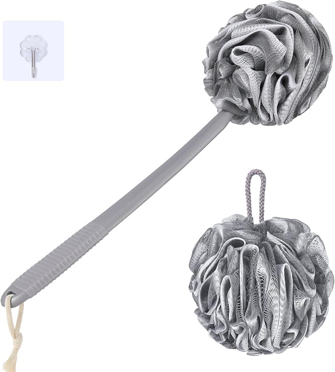 VANZAVANZU Loofah Sponge Set Back Scrubber for Shower, Anti-Slip Plastic 17" Handle Loofah on a Stick with Fluffy Shower Sponge, PE Soft Mesh Shower Loofahs-Gray with White Edge