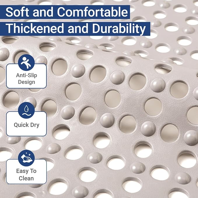 Non Slip Bathtub and Shower Mat 31x17 inch,Bath Mat with Quick Dry Drain Holes and Suction Cups, Soft Comfortable Safe Bathroom Mat for Bath Tub, Floor, Tile (Khaki)