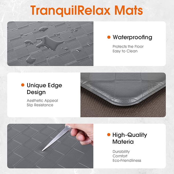 TranquilRelax Kitchen Mats, 2PCS Kitchen Rugs, Cushioned Anti Fatigue Kitchen Mats for Floor, Non-Slip Standing Desk Mat, Waterproof Kitchen Rug Set for Kitchen Floor Office,17.3"×30"+17.3"×59" Grey