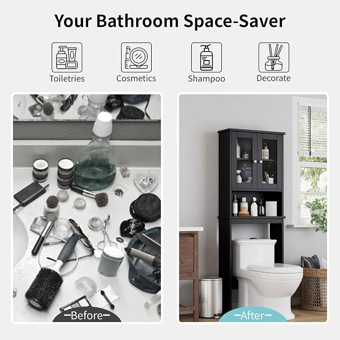 Shintenchi Over The Toilet Storage Cabinet, Bathroom Shelf Organizer with Anti-Tip Device Small Freestanding Space Saver with Adjustable Shelf and Glass Door, Black