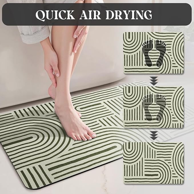 MontVoo -Bath Mat-Non Slip Thin Bathroom Rugs Fit Under Door- Quick Dry Absorbent Faux Suede Surface Grey Bathroom Floor Mats-Shower Rug for in Front of Bathtub Shower Ivory & Green Arched 16x24