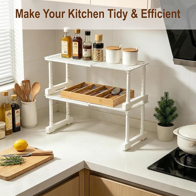 Expandable Cabinet Organizer Shelf, Adjustable Height Under Sink Storage Organizer, Shelf Riser for Kitchen, Bathroom, Wardrobe, Under Sink Counter(Beige) (1)