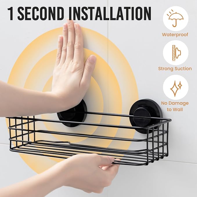 LEVERLOC Shower Caddy Suction Cup, 3 Pack Heavy Duty Bathroom Organizer for Inside Shower with Hooks & Soap Holder, Removable Bathroom Organizer, Rustproof Black Holder Storage Black