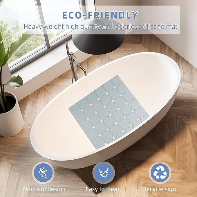 Shower Mat Non Slip 21"x21" Silicone Foldable Bath Mat with Suction Cups & Drain Holes, Odorless, Eco-Friendly & Durable, Machine Washable Shower Stall Mat for Adults, Seniors Grey
