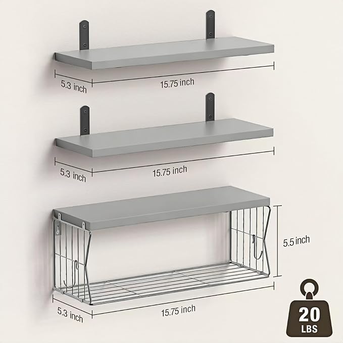 Floating Bathroom Shelves Wall Mounted - Wooden Shelf Set of 3 for Over Toilet Storage & Modern Bathroom Decor - Perfect Wall Shelving Organizer for Apartments RVs Powder Rooms Restroom - Grey