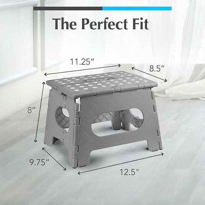 Handy Laundry Folding Lightweight Step Stool - Sturdy Enough to Support Adults - Opens Easy with One Flip - Great for Kitchen, Bathroom or Bedroom (Gray - 8 Inch)