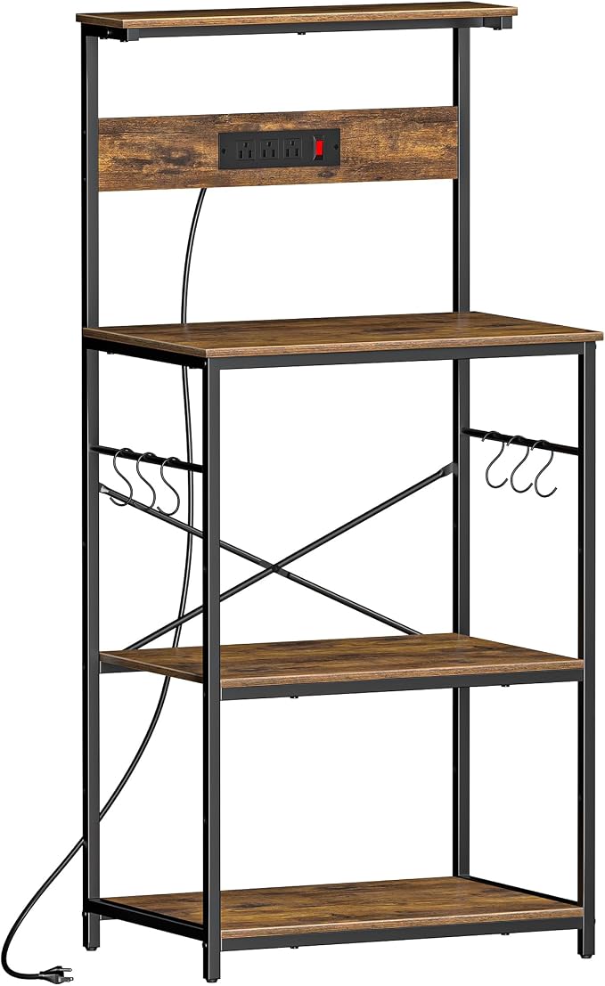 VUSIGN Kitchen Bakers Rack with Power Outlet, 4 Tiers Microwave Stand with Storage, 23.6 Inch Coffee Bar Station with 6 S Hooks, Adjustable Shelf Rack for Pots/Pans/Spices, Rustic Brown