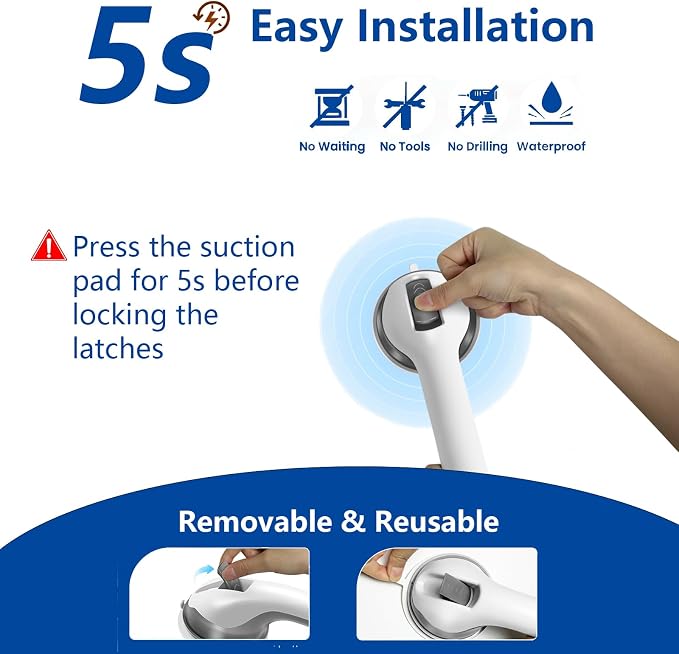 Grab Bars for Showers and Bathtubs 2 Pack, Yenisyea Suction Cup Shower Handles for Elderly and Seniors, Heavy Duty Shower Safety Bars for Bathroom Removable No Drill, 12 Inch