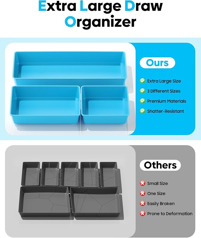 10 Pack Large Size Plastic Drawer Organizers Set, 3 Sizes Desk Drawer Organizer Trays, Storage Bins for Vanity, Makeup, Bathroom, Kitchen Utensils and Office (Blue)