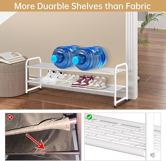 KEETDY 2-Tier Long Shoe Rack for Closet Metal Shoe Organizer for Entryway, Wide Stackable Shoe Storage Shelf with Sturdy Wire Grid for Closet Floor, Bedroom, White
