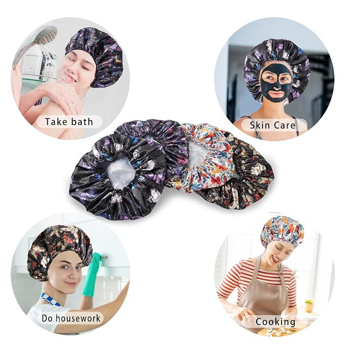Shower Cap for Women,4 PCS Elastic and Reusable Bath Caps, Double Layers Shower Caps Reusable Waterproof, Bathing Shower Caps, Environmental Bath Hair Protection Cap - Butterfly B