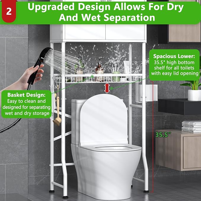 Over The Toilet Storage Cabinet - 2-Door Design Bathroom Organizers Shelf, Freestanding Space-Saver Above Toilet Storage Cabinet with Privacy Protection Rack, Water-Resistant Toilet Shelves (White)