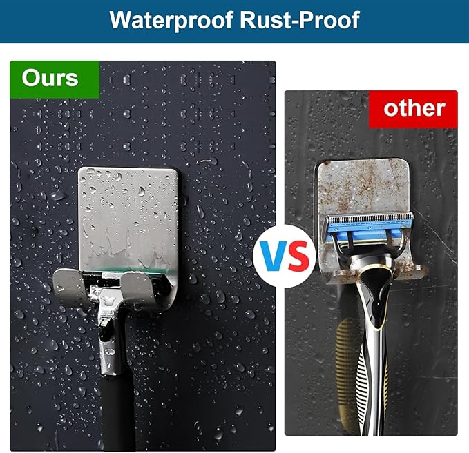 Diesisa Razor Holder for Shower + Adhesive Wall Hooks, Premium 304 Stainless Steel Shower Razor Holder with Heavy Duty Waterproof Sticky Hooks for Hanging Towels, Coat, hat (2+2 Pack)