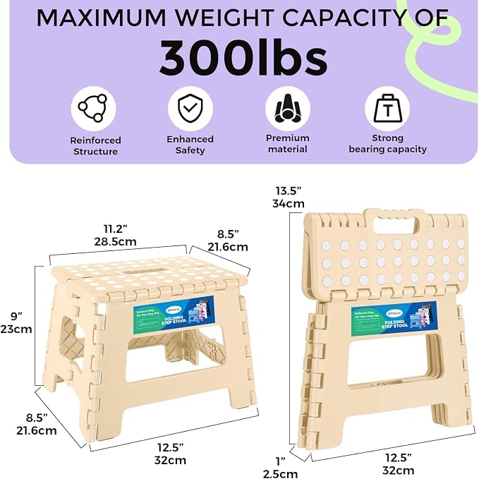 Dyforce Folding Step Stool 9 Inch, Kids Step Stool, Heavy Duty Step Stools for Adults, Compact Foot Stools, Light-Weight Toddler Step Stools for Kitchen, Bathroom, Holds Up to 300 lbs (Khaki)