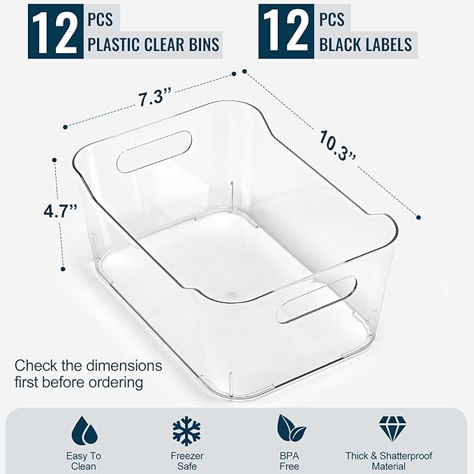 12 PACK Multi-Use Clear Plastic Storage Bins for Organizing w/Labels - Home, Kitchen, Pantry, Bathroom, Office, Cabinet Shelf Organizer Bins - SOHO Collection, RV, Fridge Organization Containers - L