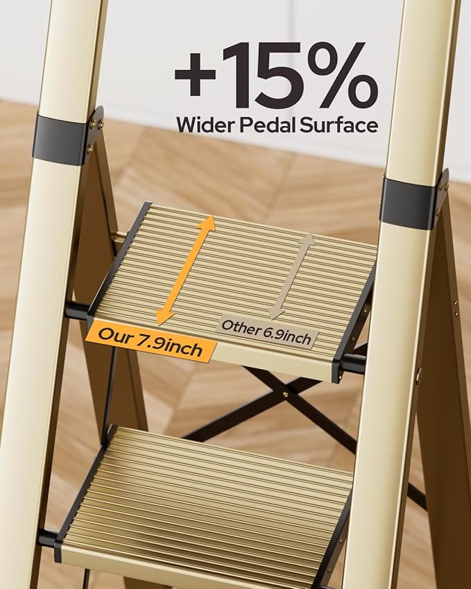 6 Step Ladder for 12 Feet High Ceiling, Lightweight Aluminum Folding Step Stool with Convenient Handgrip, Stepladders with Anti-Slip and Wide Pedal for Home Use Space Saving - Gold
