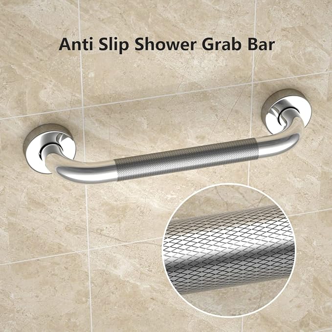 12 Inch Anti Slip Shower Grab Bar, YuanDe Chrome Finish Stainless Steel Bath Grab Bar, Knurled Bathroom Safety Rail, Shower Handrail Support, Handicap Elderly Injury Senior Balance Assist Handles