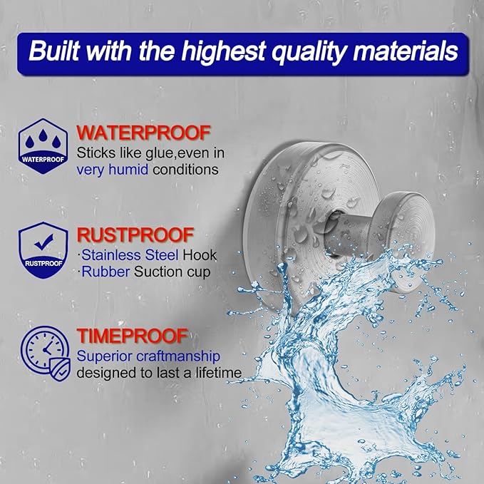 Bntuk Suction Cup Hooks for Shower, Removable Towel Hooks for Bathroom Window Glass Door Wall, Bath Robe Looafh Hook for Hanging - 4 Pack, Silver