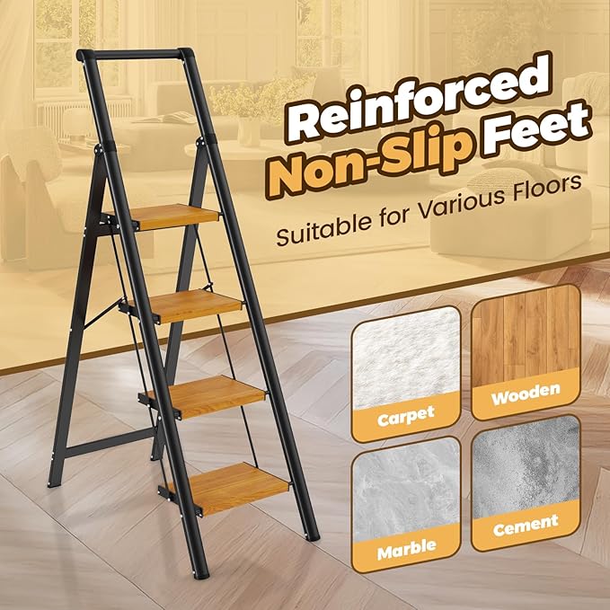 HBTower 4 Step Ladder with Handrail, Aluminum Folding Step Stool,330lbs Capacity Portable Step Ladder，Non-Slip Safety Ladder for Household,Kitchen,Office - BlackWoodgrain