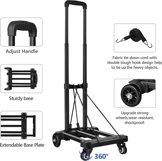 KEDSUM Folding Luggage Cart for Travel & Airport, 290lbs Foldable Hand Truck with Expandable Baseplate, Lightweight Portable Dolly 4 Wheels, Collapsible Small Dolly for Easy Moving & Storage