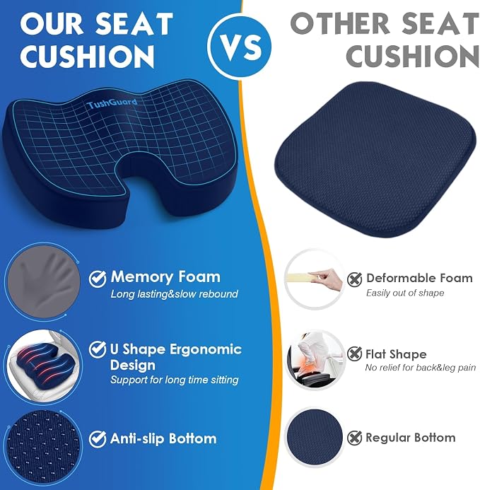 TushGuard Seat Cushion for Office Chair Memory Foam Non-Slip Cushion Back, Coccyx, Sciatica, Tailbone Pain Relief Butt Pillow for Office Chair, Car, Wheelchair, Blue, X-Large