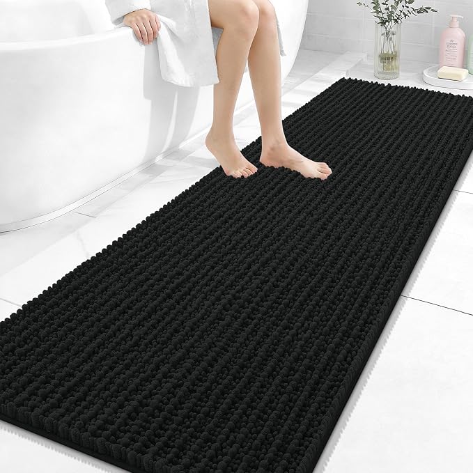 OLANLY Long Bathroom Rugs Runner 70x24, Thick Soft and Absorbent Chenille Bath Mat, Non-Slip, Machine Washable Quick Dry Bath Rugs for Tub Shower Floor, Home Decor Accessories, Black