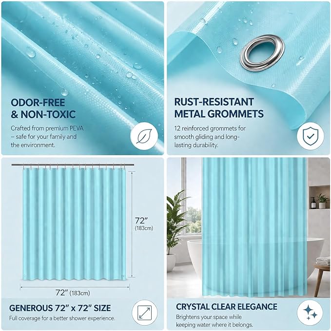 EHZNZIE Aqua Shower Curtain Liner 72x72, PEVA Waterproof Bath Curtain, No Chemical Smell, 3 Weighted Magnets, Durable with Rustproof Metal Grommets