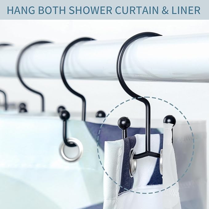 Goowin Shower Curtain Hooks, 12 Pcs Shower Curtain Rings, Durable Rust Proof Black Shower Curtain Hooks, Shower Rings for Curtain, Double Glide Shower Hooks for Shower Curtain Rods, Black