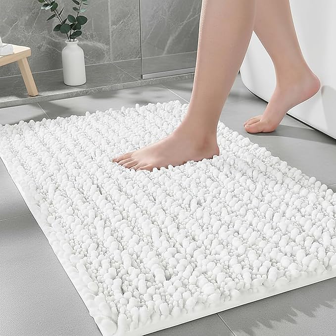 Bathroom Rugs Non Slip Washable 36x24, Extra Thick Soft Chenille Absorbent Bath Mat, High Density Barrier Non Slip Backing, Quick Dry Plush Shaggy Floor Carpet for Tub&Shower, White
