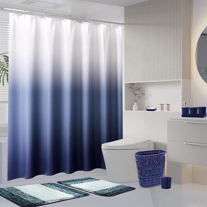XLHOMO Navy Blue Bathroom Accessories Set with Wicker Trash Can Shower Curtain and Rugs,Bathroom Sets Small Waste Basket Bathroom Trash Can for Bedroom Bathroom