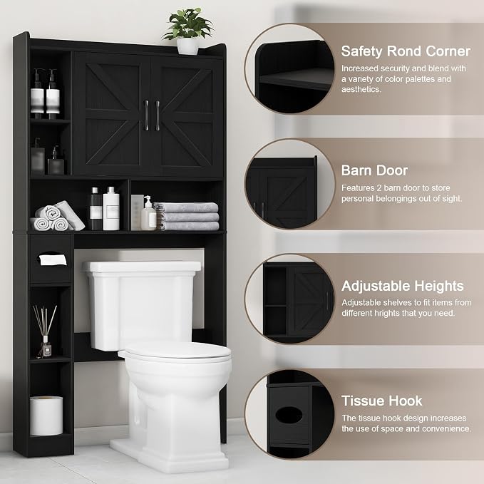 Vabches Over The Toilet Storage Cabinet, Farmhouse Storage Cabinet Over Toilet with 2 Barn Door & Toilet Paper Holder Stand, Home Space-Saving Toilet Rack, for Bathroom, Restroom (Black)