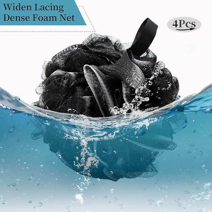 BCKENEY Bath Loofah Shower Sponge Body Back Scrubber Soft Mesh Shower Puffs Exfoliating Loofa for Women & Men Bath Accessories Cleaning Tool (4Pack 60G Black, Charcoal Black)