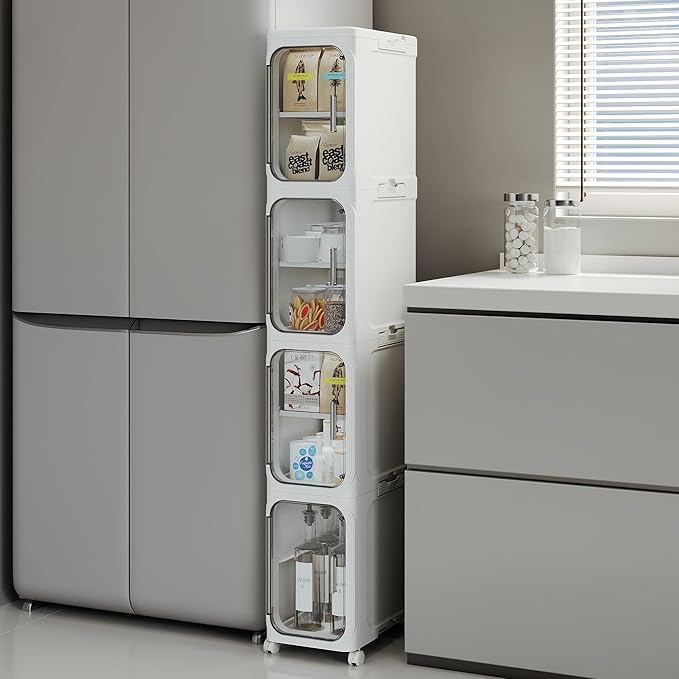 4-Tier Tall Narrow Storage Cabinet, Slim Bathroom Storage Cabinet with Adjustable Shelves and Wheels, Narrow Organizer for Small Space, Bathroom, Kitchen, Laundry, White