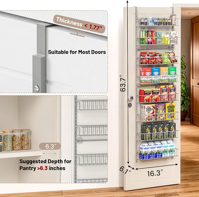 ElegantArray 8-Tier Pantry Door Oragnizer, Over The Door Pantry Organizer Rack and Storage, Hanging Spice Rack Shelves Door, Home Office Laundry Room Bathroom & Kitchen Organization, Light Gray